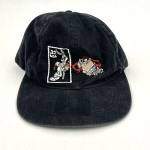 Vintage 90s Looney Tunes Snapback Hat Black Taz Bugs Bunny USA Stamp Collection